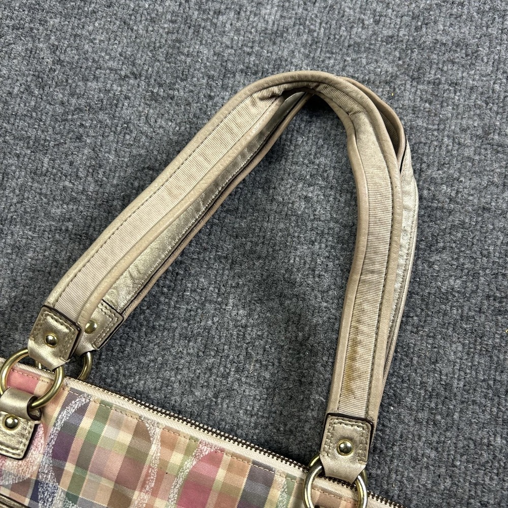 Coach Tote Bag Womens Large Multicolor Plaid Nylon Leather Shoulder Zip Purse - Picture 4 of 9